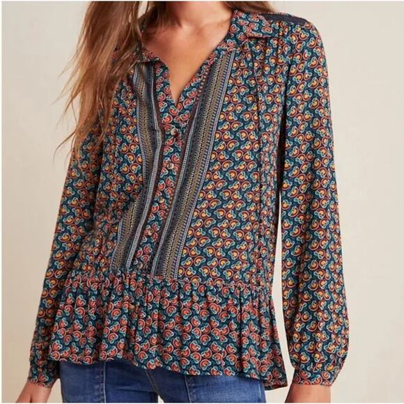 Maeve Blouse Anthropologie Blouse Peasant Blouse Long Sleeve Blouse 0 Navy Janie - Picture 6 of 9